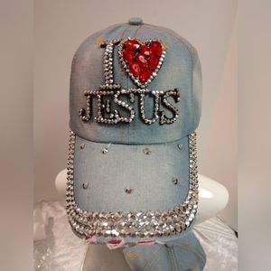 Denim Baseball Cap "I Love Jesus" Distressed Bling Heart Gems Cotton Adjustable